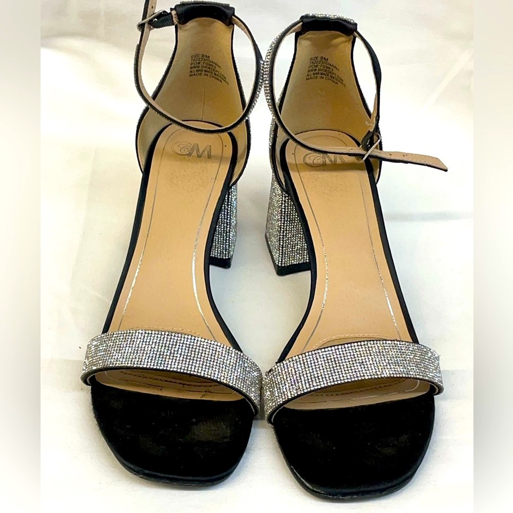 C&M diamond encrusted black& silver heel sandals ladies sz 9m